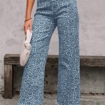 Sky Blue Leopard Frayed Edge Wide Leg High Waist Jeans
