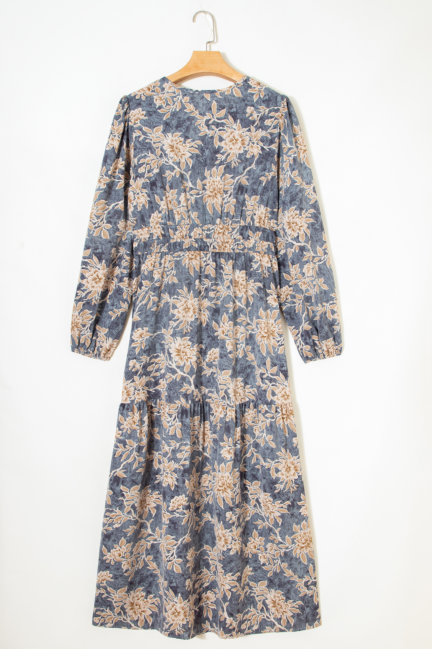 Sky Blue Floral Print Smocked High Waist Long Sleeve Maxi Dress - Image 5