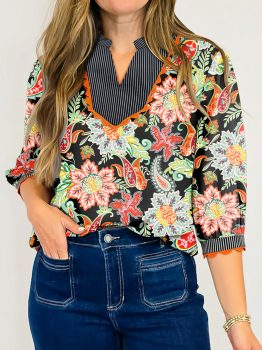Black Contrast Ricrac Trim Striped Edge Patchwork Floral Print Blouse
