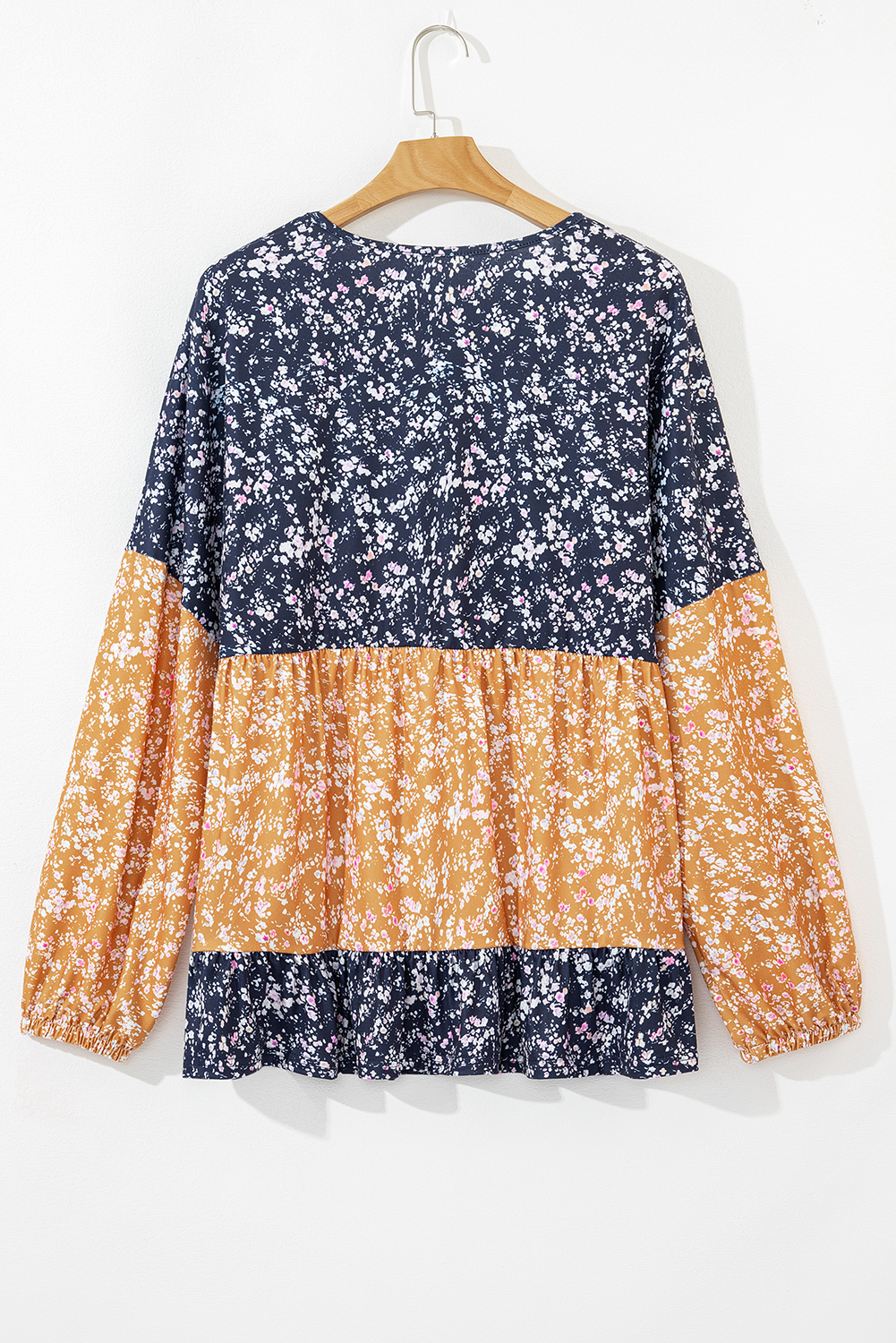 Blue Floral Color Block Patchwork Ruffled Hem Round Neck Blouse - Image 4