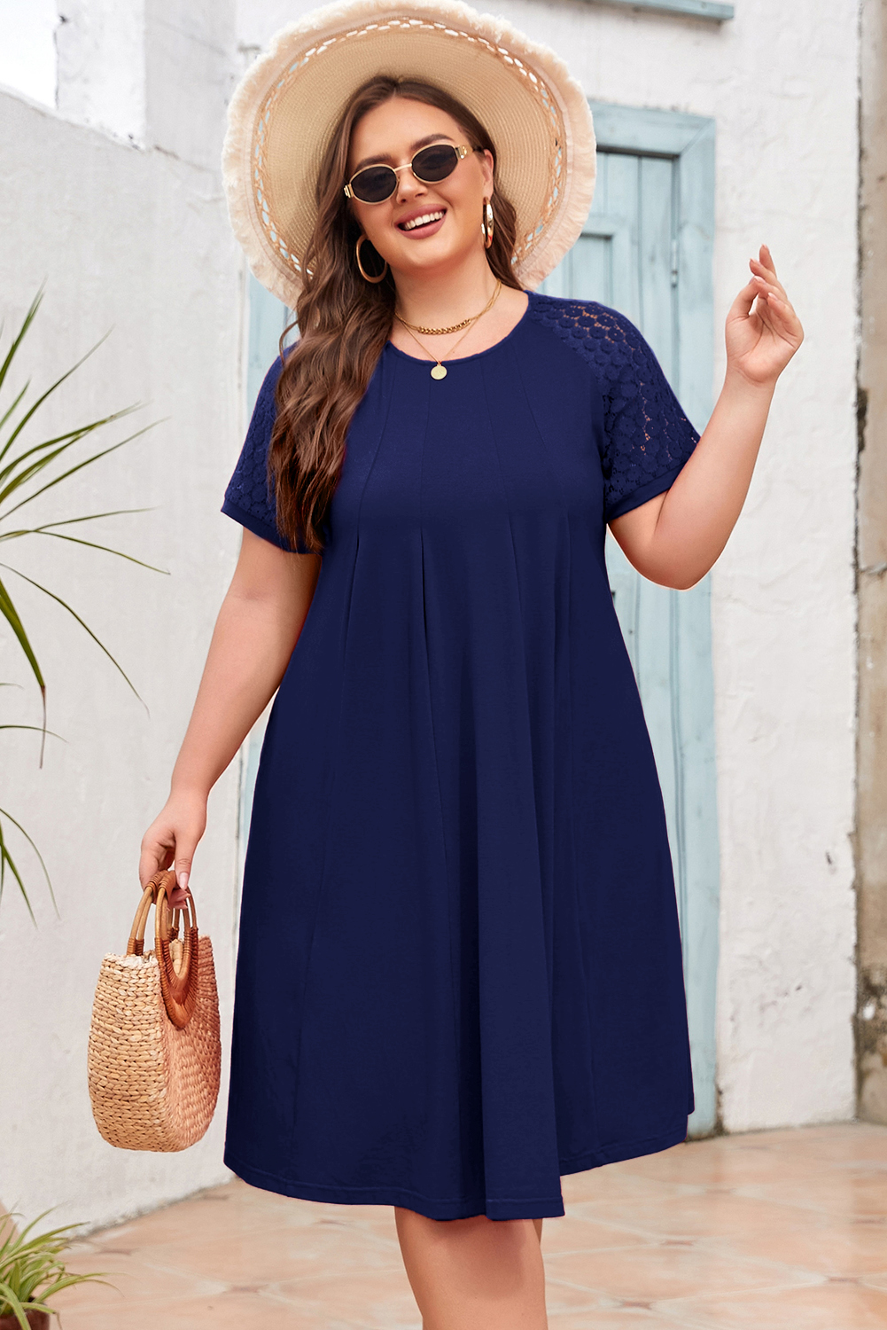 Navy Blue Plus Size Solid Color Lace Short Sleeve Pleated Swing Dress - Image 4