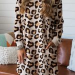 Khaki Leopard Long Sleeve Shift T Shirt Dress with Pockets