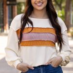 White Corded Exposed Seam Knit Patchwork Drop Sleeve Top