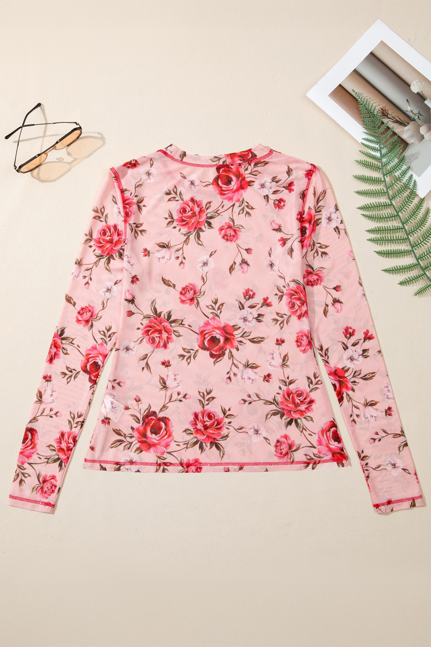 Pink Floral Print Exposed Seam Detail Mesh Long Sleeve Top - Image 8
