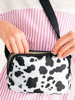 White Cow Pattern Print Buckle Wide Belt Inclined Shoulder Bag