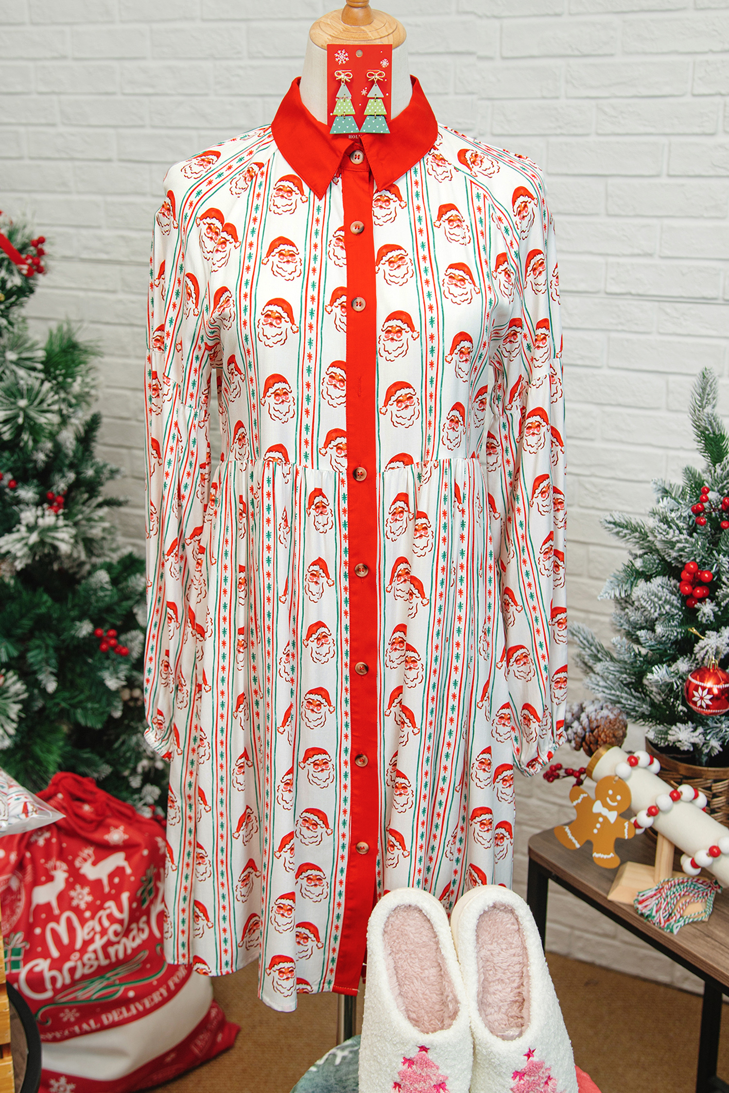 White Father Christmas Contrast Collar Button Front Long Sleeve A-line Mini Dress - Image 3