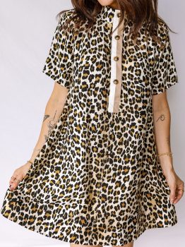 Multicolour Half Buttons Short Sleeve Loose Leopard Mini Dress with Pockets