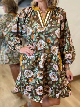 Brown Floral Print Contrast Trim V Neck Pocketed Long Sleeve Mini Dress