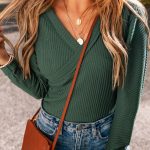Blackish Green Waffle Knit Slim Fit Wrap V Neck Bodysuit