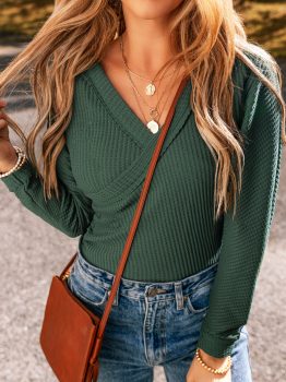 Blackish Green Waffle Knit Slim Fit Wrap V Neck Bodysuit