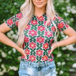 Fiery Red Retro Floral Print Crew Neck T Shirt