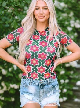 Fiery Red Retro Floral Print Crew Neck T Shirt