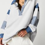 Dark Blue Striped Colorblock Patchwork Collar Sweatshirt
