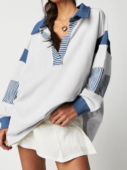 Dark Blue Striped Colorblock Patchwork Collar Sweatshirt