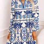 Blue Ethnic Print Striped Split Neck Long Sleeve Flowy Mini Dress
