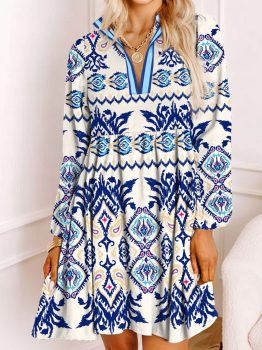 Blue Ethnic Print Striped Split Neck Long Sleeve Flowy Mini Dress