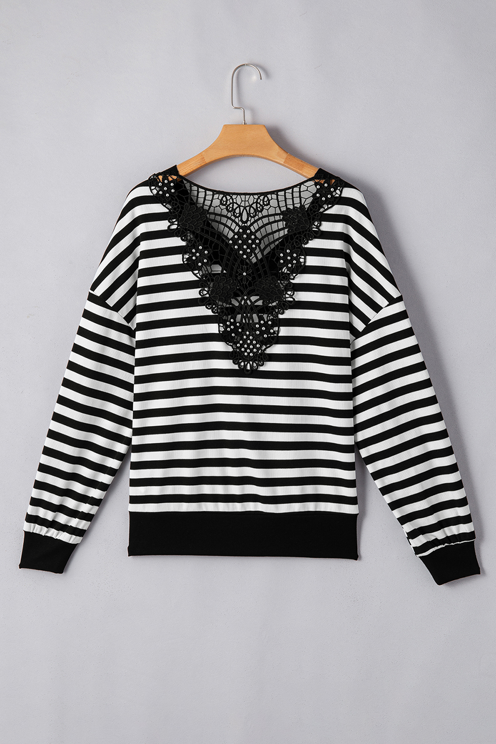 Black Stripe Crochet Hollow-out Back Buttoned Shoulder V Neck Top - Image 5