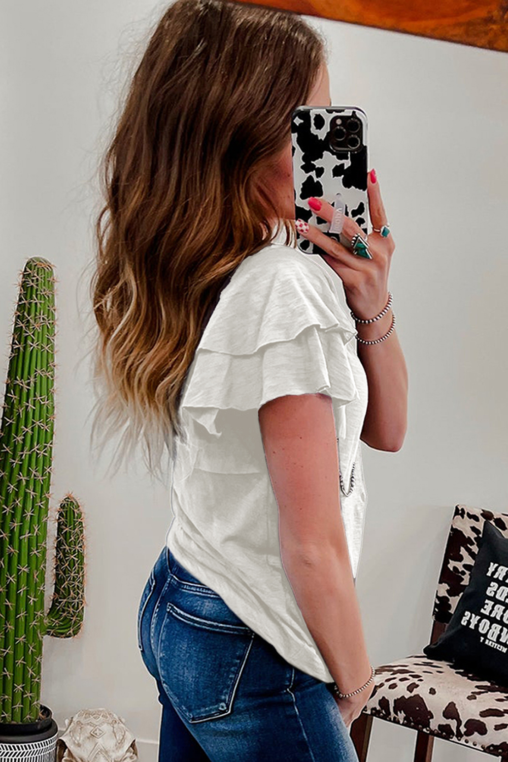 White Layered Ruffle Short Sleeve Round Neck Top - Image 6