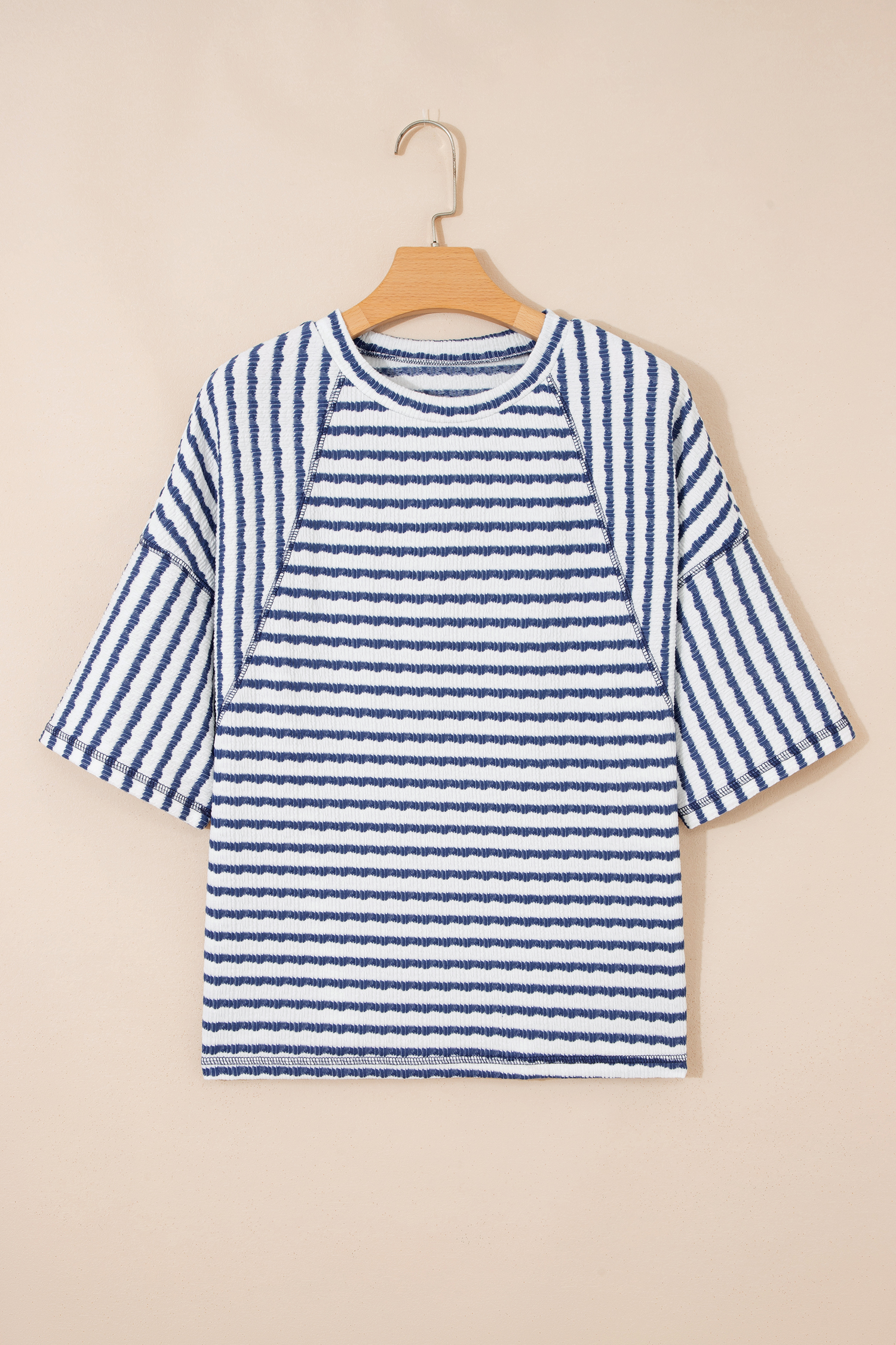 Blue Stripe Textured Knit Split Hem Half Sleeve Loose Top - Image 6