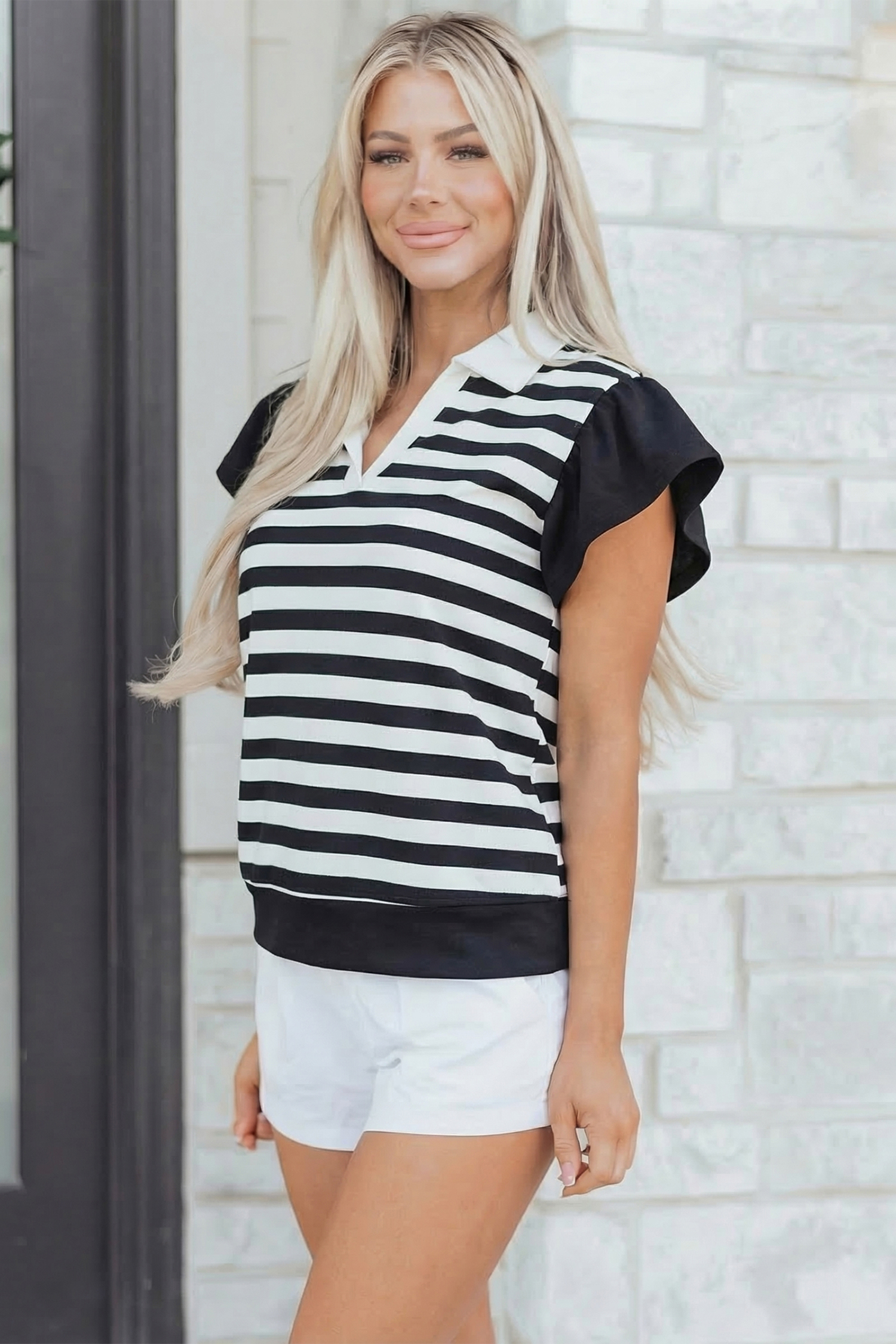 Black Stripe Collar V Neck Ruffled Short Sleeve Blouse - Image 3