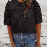 Black Frilly Puff Sleeve Stylish Collared Shirt