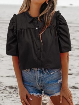 Black Frilly Puff Sleeve Stylish Collared Shirt