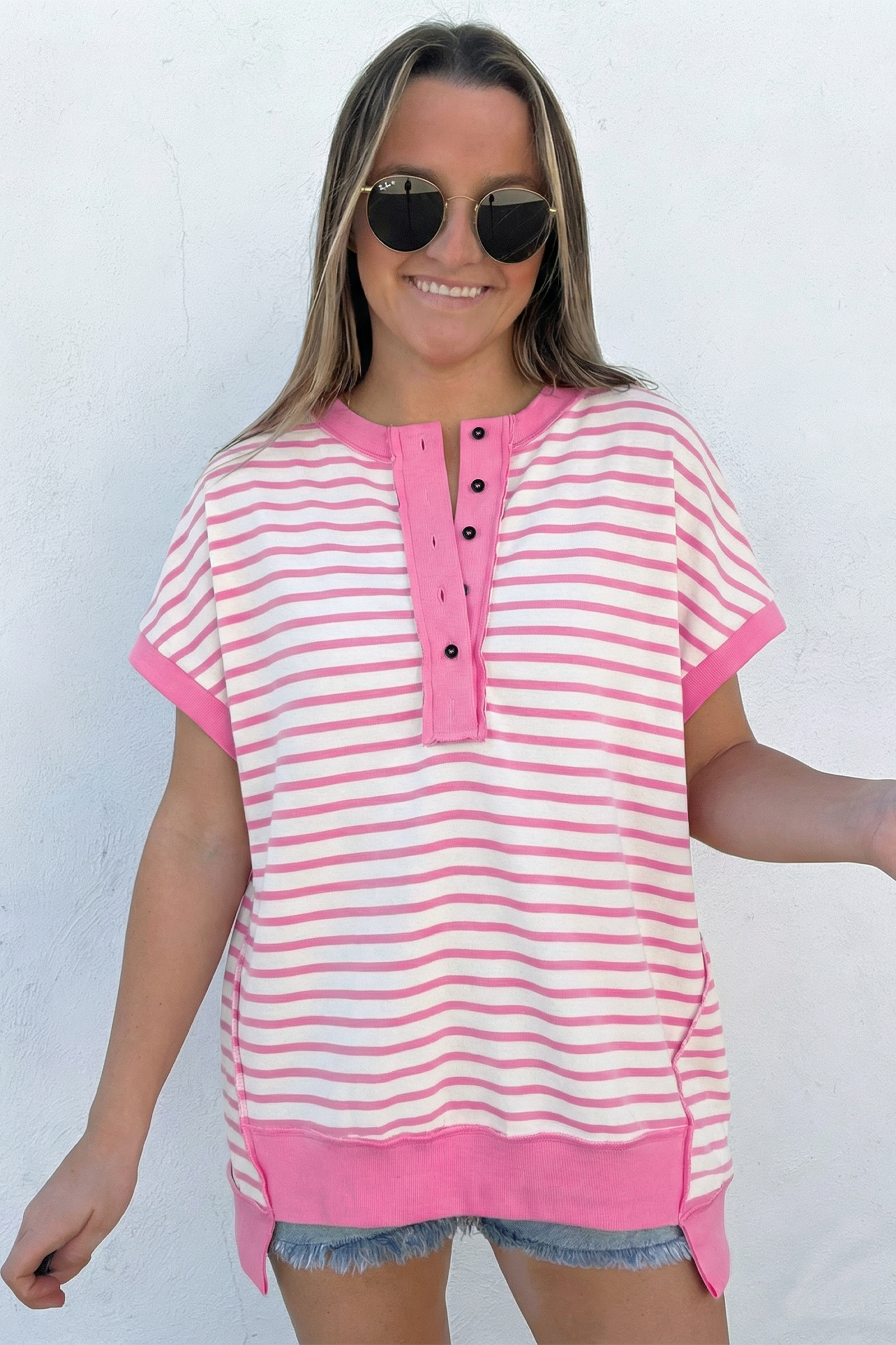 Pink Stripe Half Placket High Low Short Sleeve Top - Image 2