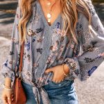 Sky Blue Floral Print Lace Patchwork Knot Front V Neck Blouse
