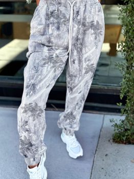 Gray Camo Print Cozy Drawstring Elastic Waist Jogger Pants
