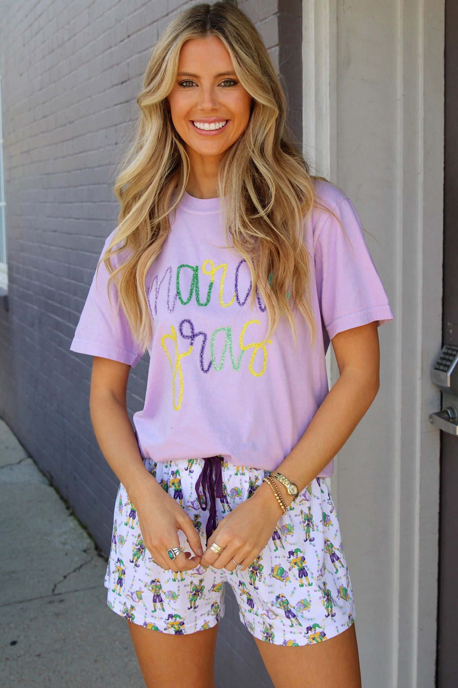 Lavendula Mardi Gras Tinsel Letter Graphic Loose T Shirt - Image 3