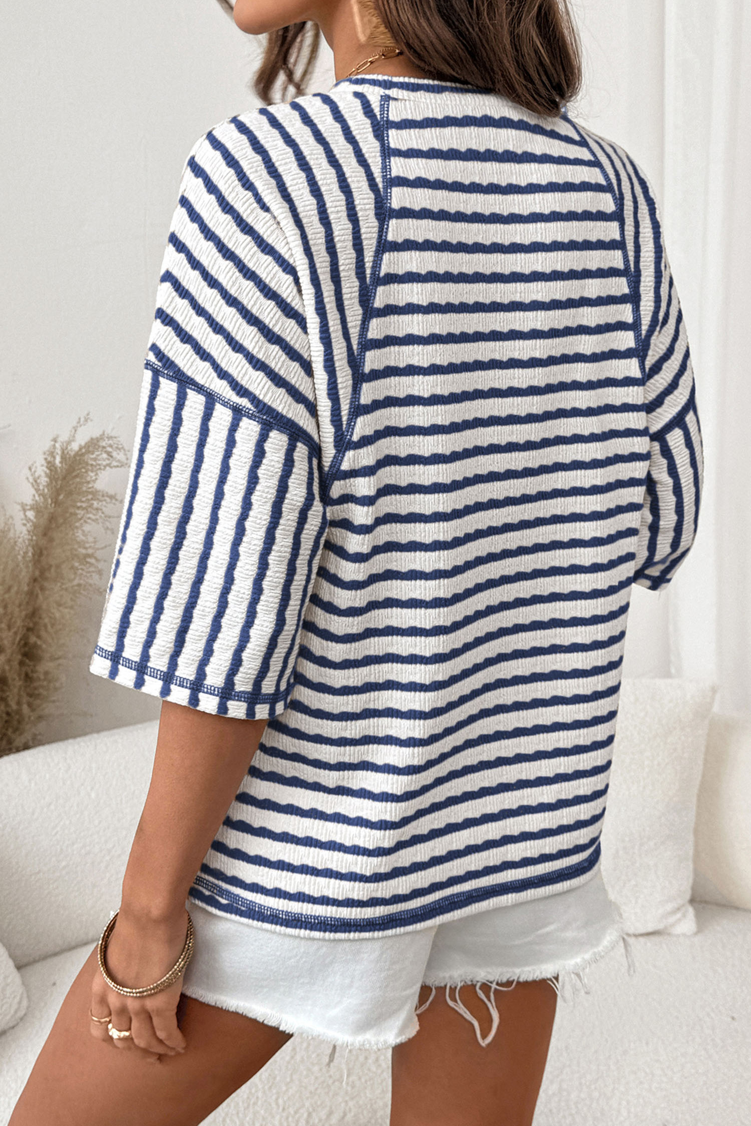 Blue Stripe Textured Knit Split Hem Half Sleeve Loose Top - Image 2