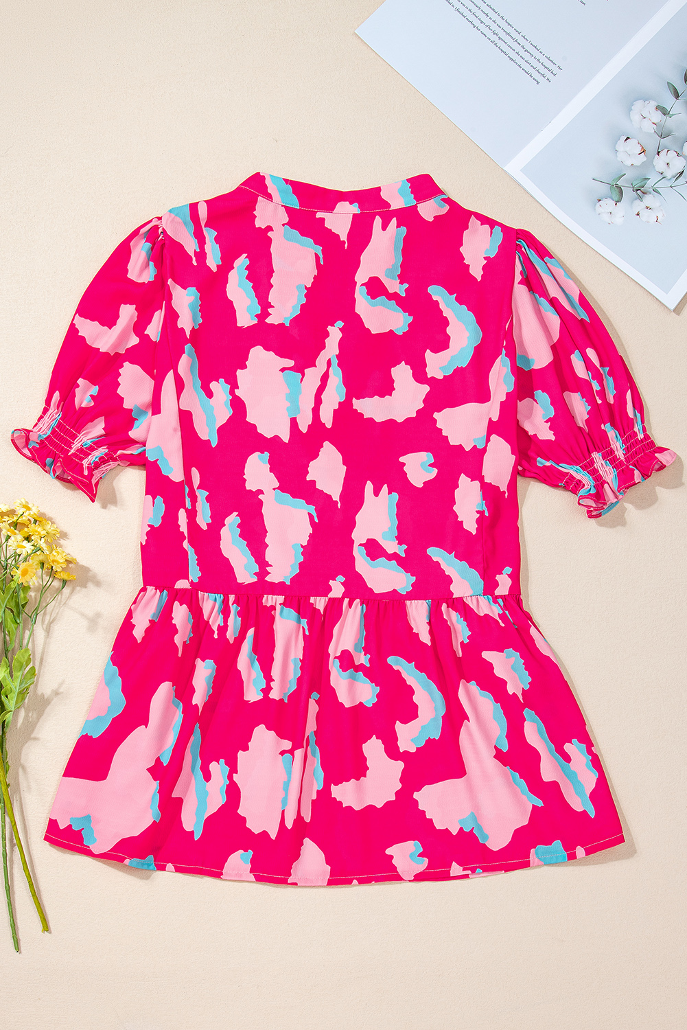 Rose Abstract Print Smocked Puff Sleeve V Neck Blouse - Image 8