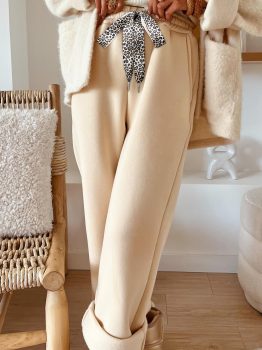 Oatmeal Fleece Lined Leopard Drawstring Elastic Waist Solid Pants