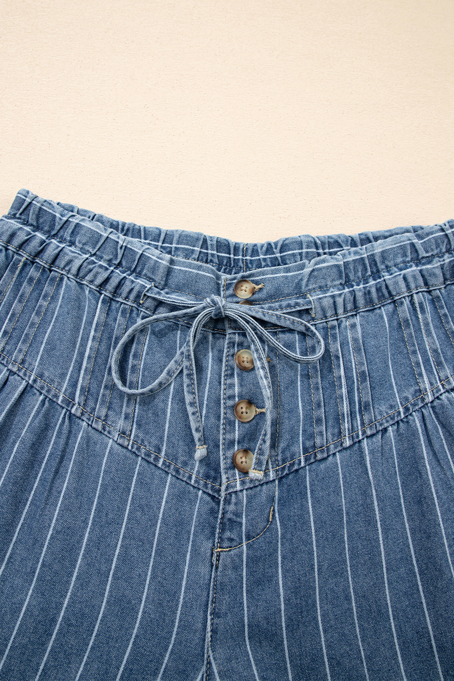 Sky Blue Stripe Button Pleated Drawstring Waist Casual Wide Leg Jeans - Image 8