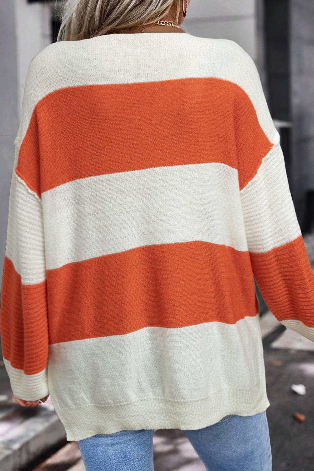 Orange Stripe Loose Color Block Drop Shoulder Bubble Sleeve Sweater - Image 2