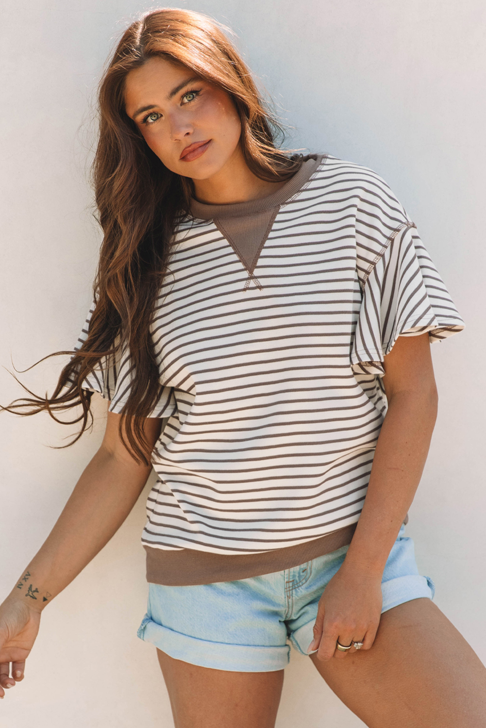 Parchment Contrast Detail Striped Ruffle Short Sleeve Top - Image 5
