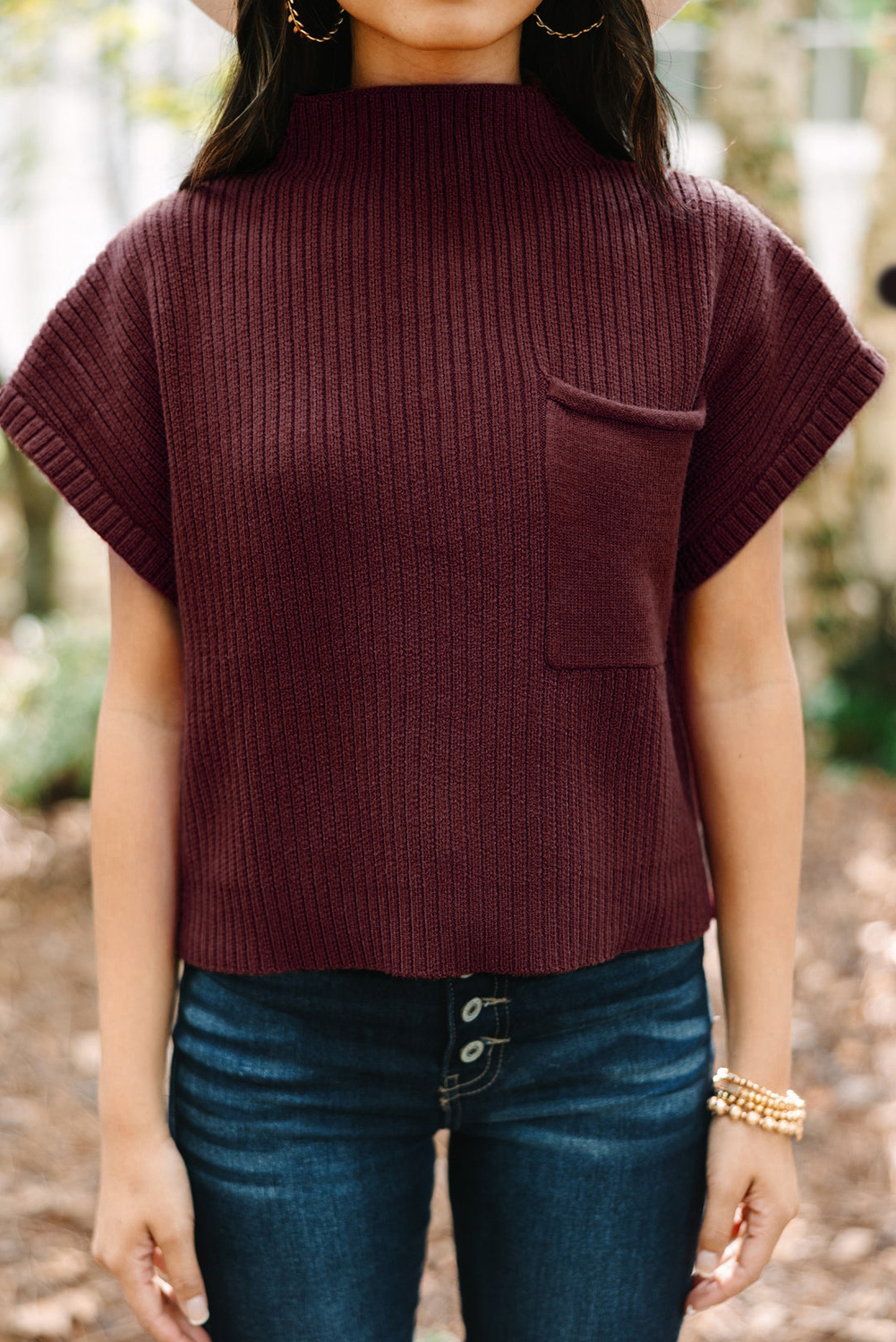 Mineral Red Patch Pocket Ribbed Knit Short Sleeve Sweater - Image 8