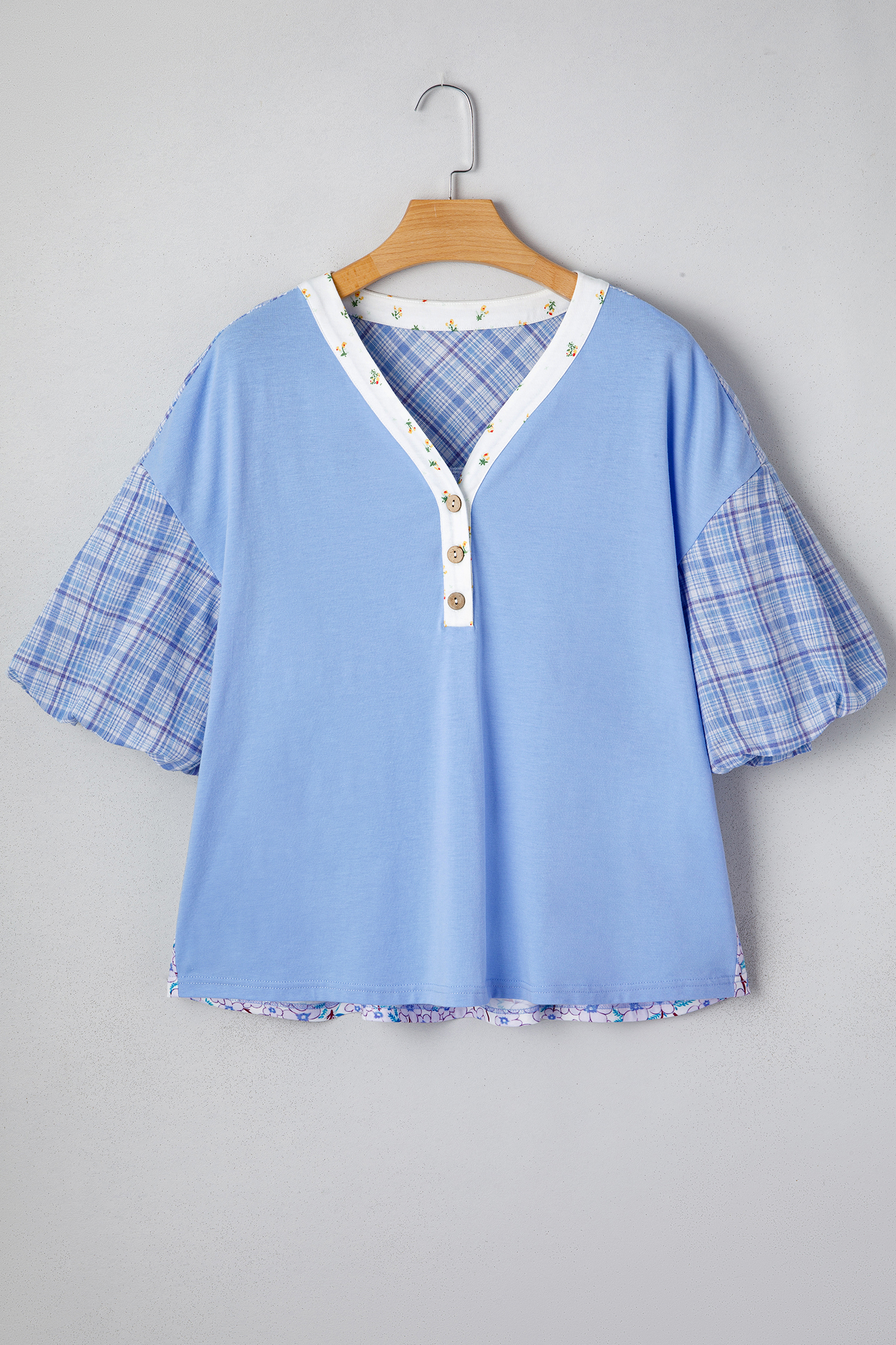 Beau Blue Color Block Plaid Bubble Sleeve Patchwork Blouse - Image 8