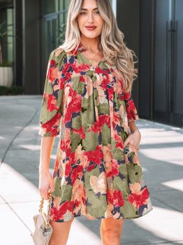 Green Floral Print Frilled Collar V Neck Half Sleeve Mini Dress