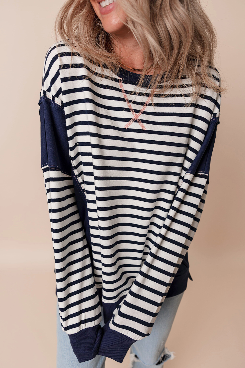 White Stripe Color Block Exposed Seam Loose Fit Sweatshirt - Image 3