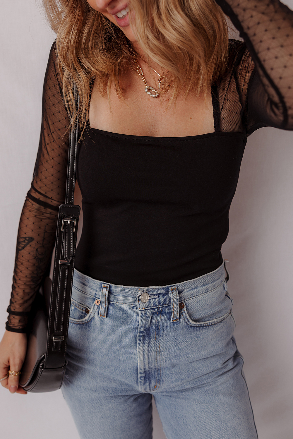 Black Polka Dot Mesh Long Sleeve Square Neck Bodysuit - Image 5