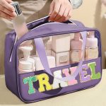 Purple TRAVEL Chenille Letter Clear PVC Makeup Bag