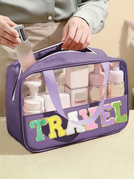Purple TRAVEL Chenille Letter Clear PVC Makeup Bag