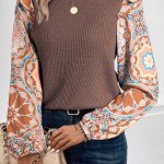 Coffee Ruffled Floral Sleeve Patchwork Waffle Knit O Neck Blouse