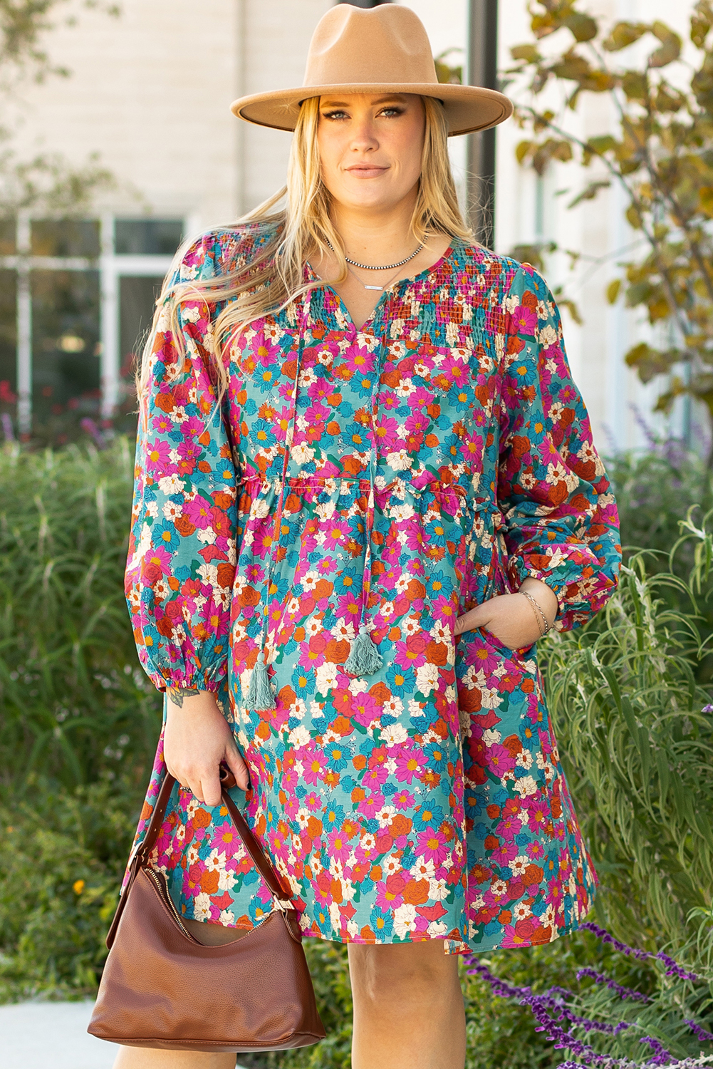 Sky Blue Plus Size Floral Print Shirred Ruffle Tiered Mini Dress - Image 4