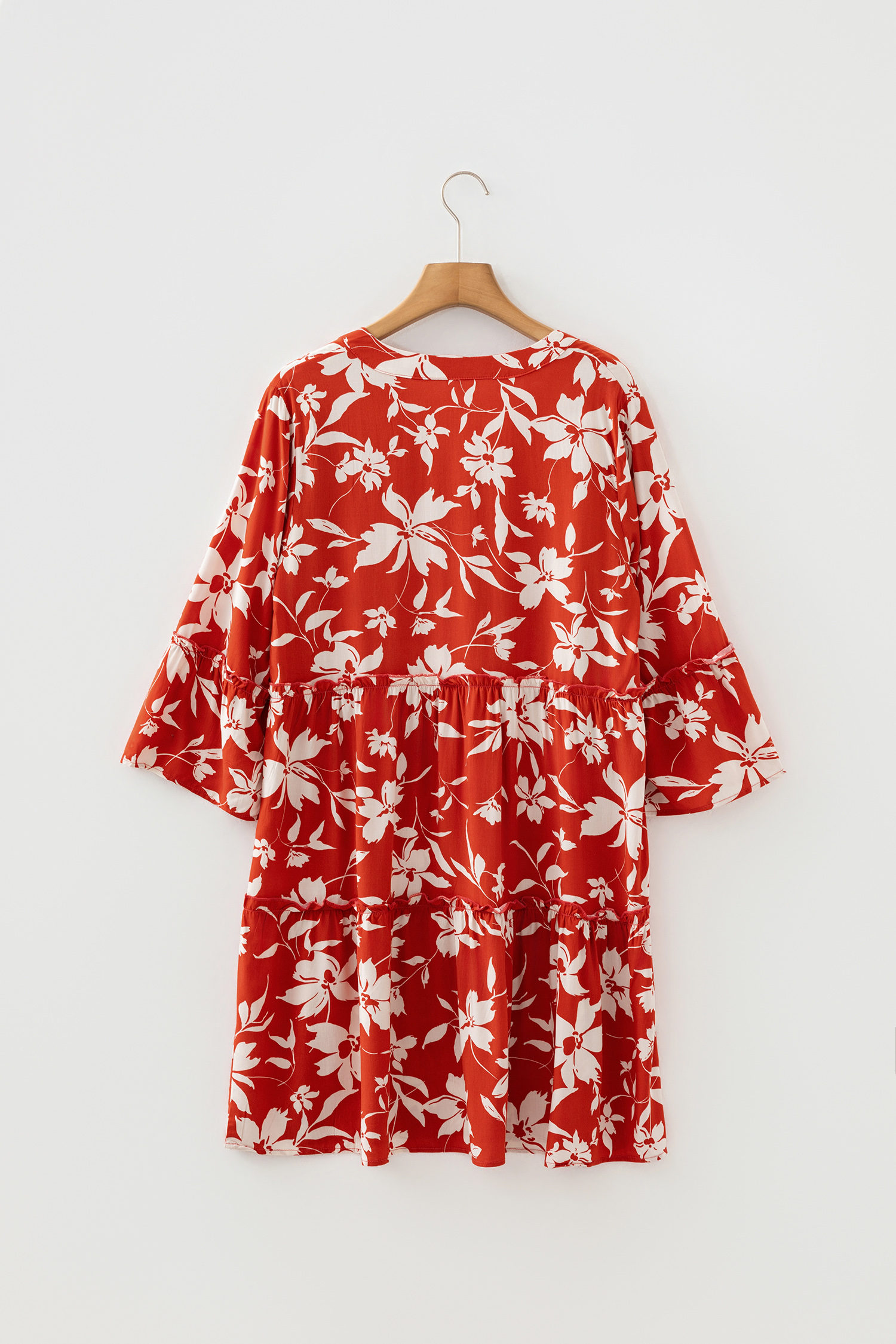 Red Boho Floral Print Lettuce Trim 3/4 Sleeve Mini Dress - Image 4
