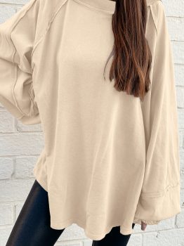 Beige Solid Color Raw Seam Patchwork Baggy Sweatshirt