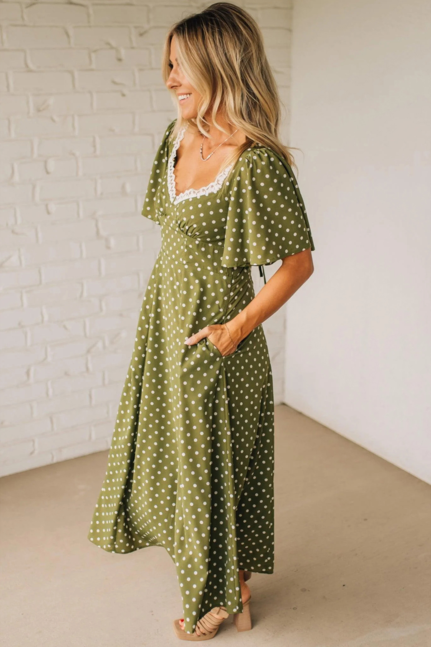Green Polka Dot Print Lacy Neckline Smocked High Waist Maxi Dress - Image 3