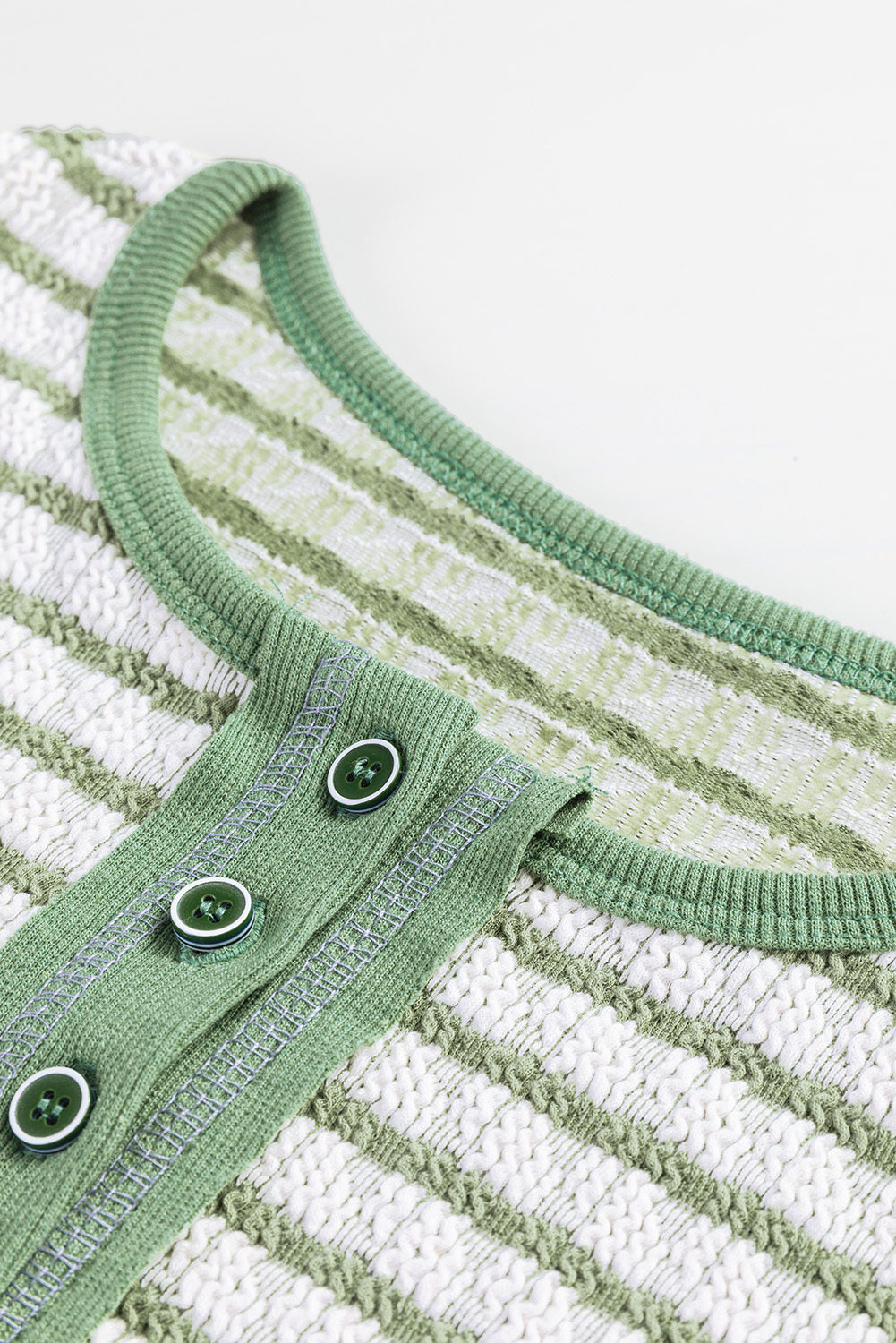Green Stripe Textured Frilly Trim Buttons Henley Long Sleeve Top - Image 6