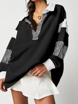 Black Striped Colorblock Patchwork Collar Sweatshirt